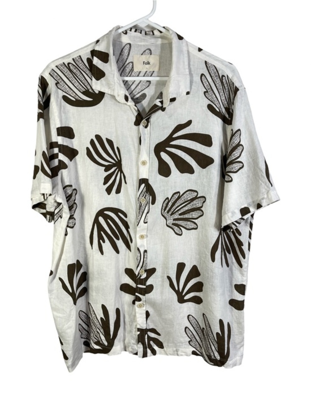 Folk Linen Blend Abstract Print Button Up Shirt
Large Resort Vacation